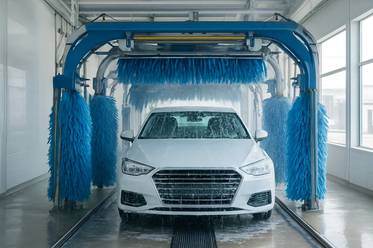 A sedan driving through a bright express car wash tunnel with foam and rinse arches.