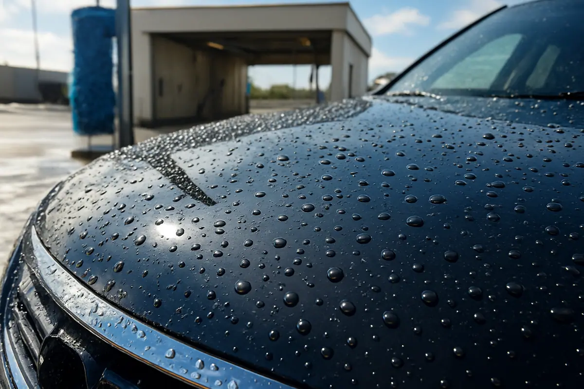 Close-up of water beading on a glossy waxed car hood after washing.