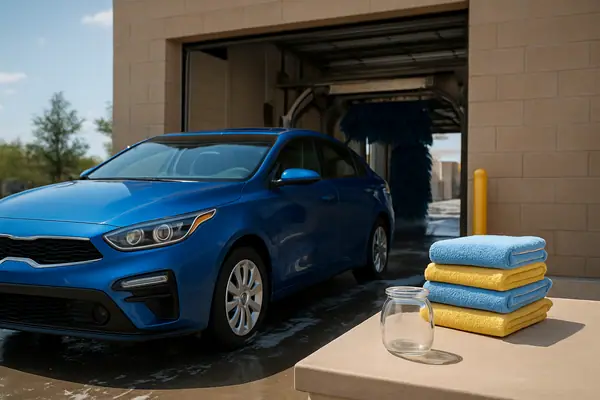 A spotless car at a car wash exit with folded towels and a small tip jar nearby.