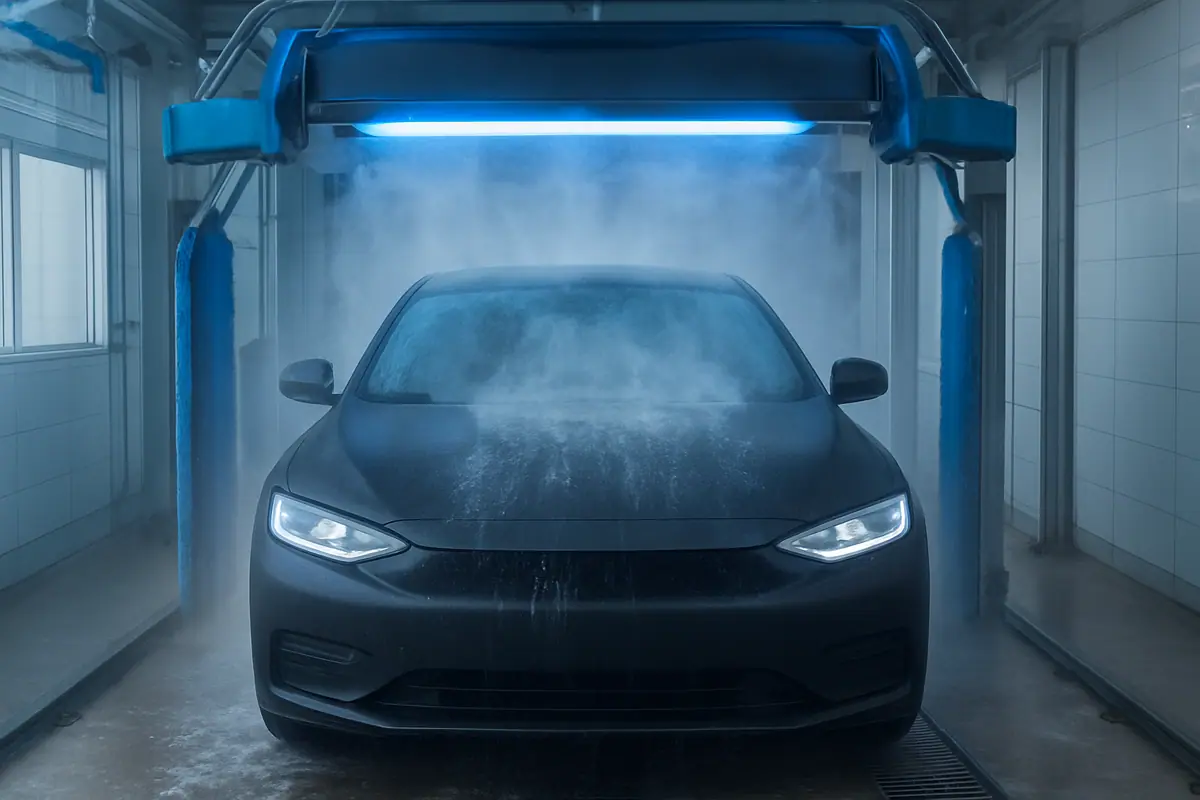 A matte black wrapped car moving through a touchless car wash tunnel with water spraying over the hood.