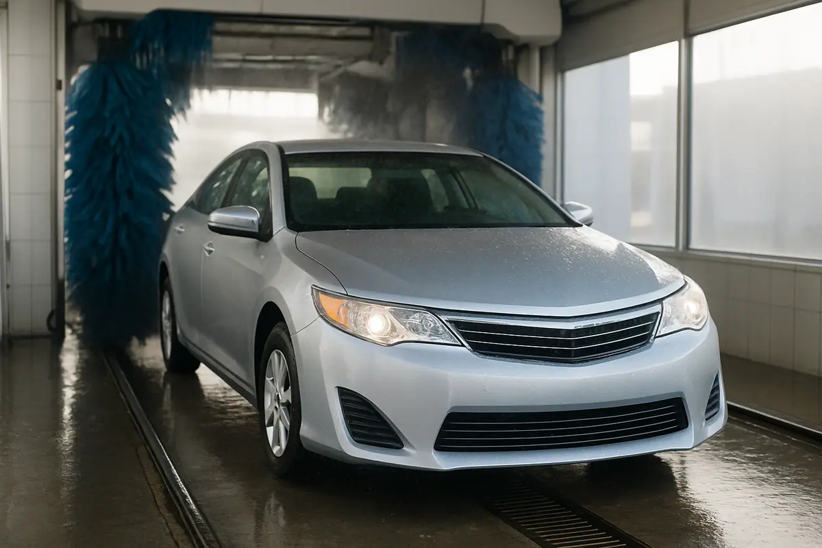 A freshly washed car with wet, shiny paint exiting a car wash tunnel.