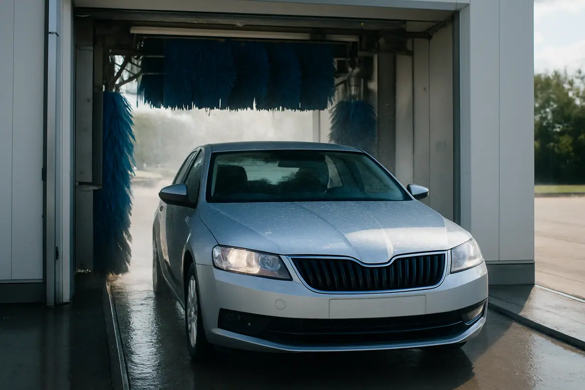 A freshly washed car with water droplets on its hood exiting a car wash tunnel.