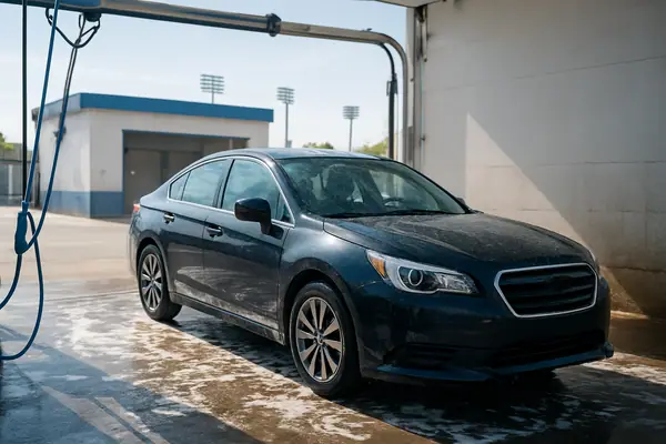 A freshly washed car with glossy wet paint parked near a stadium at dusk.