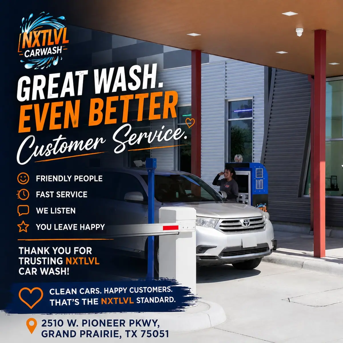 NXTLVL Car Wash ad with silver SUV at pay station, employee assisting, Grand Prairie TX address.