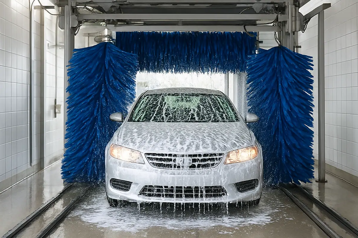 A car moving through a car wash tunnel covered in soap suds with blue brushes on each side.