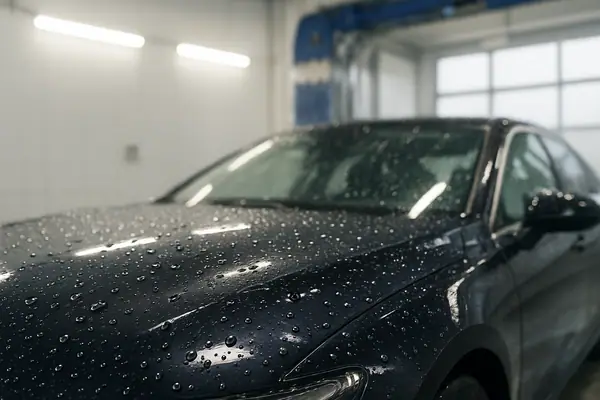 Close-up of smooth, glossy car paint with water droplets reflecting light.