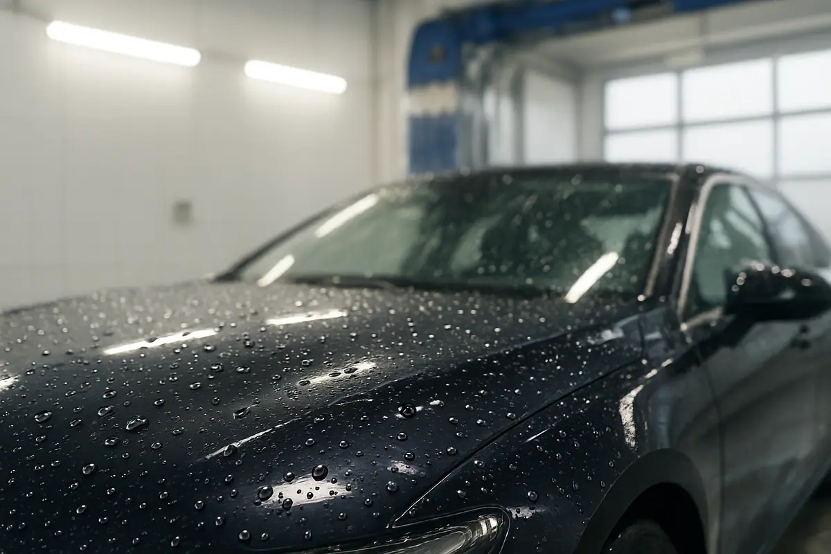 Close-up of smooth, glossy car paint with water droplets reflecting light.