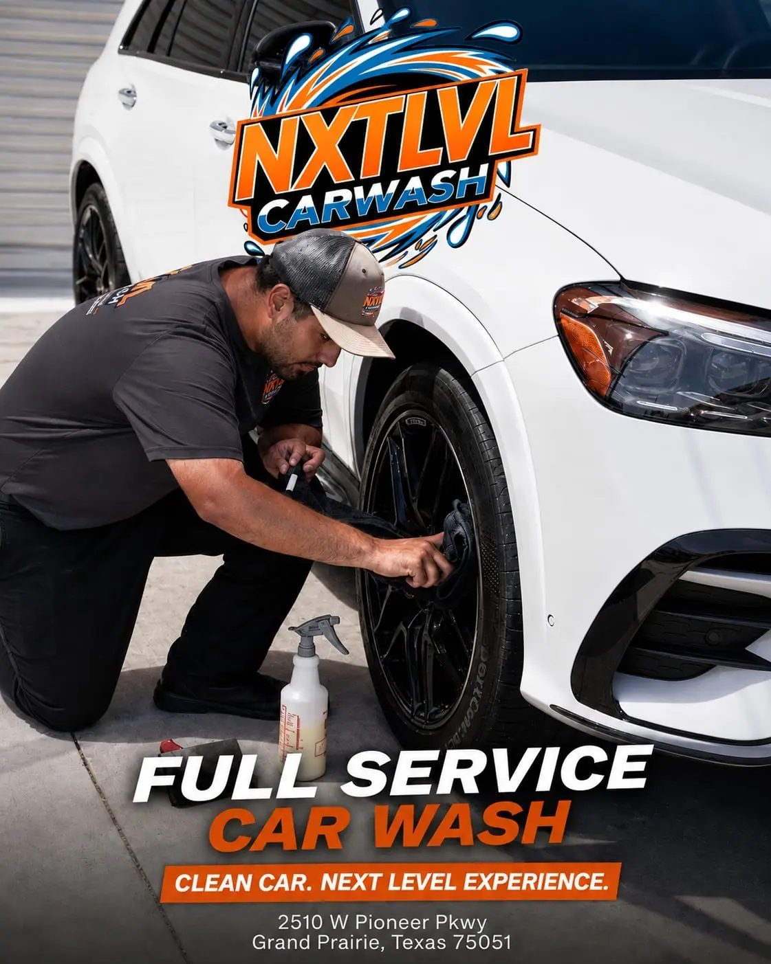 Man detailing white SUV wheel in NXTLVL Car Wash ad, Grand Prairie, Texas.