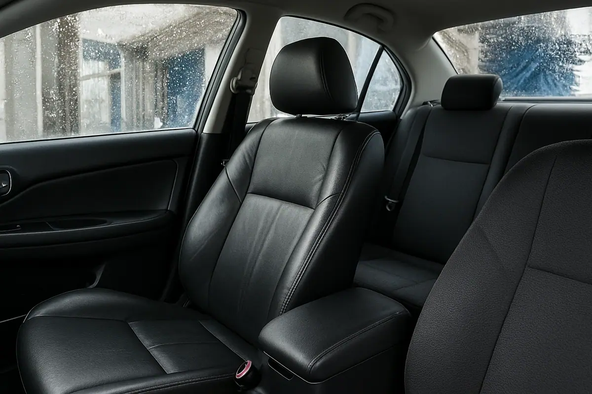 Close-up of clean leather and fabric car seats showing protective coating sheen and texture.