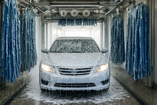 A car passing through an automatic car wash tunnel surrounded by foam and soft cloth strips.