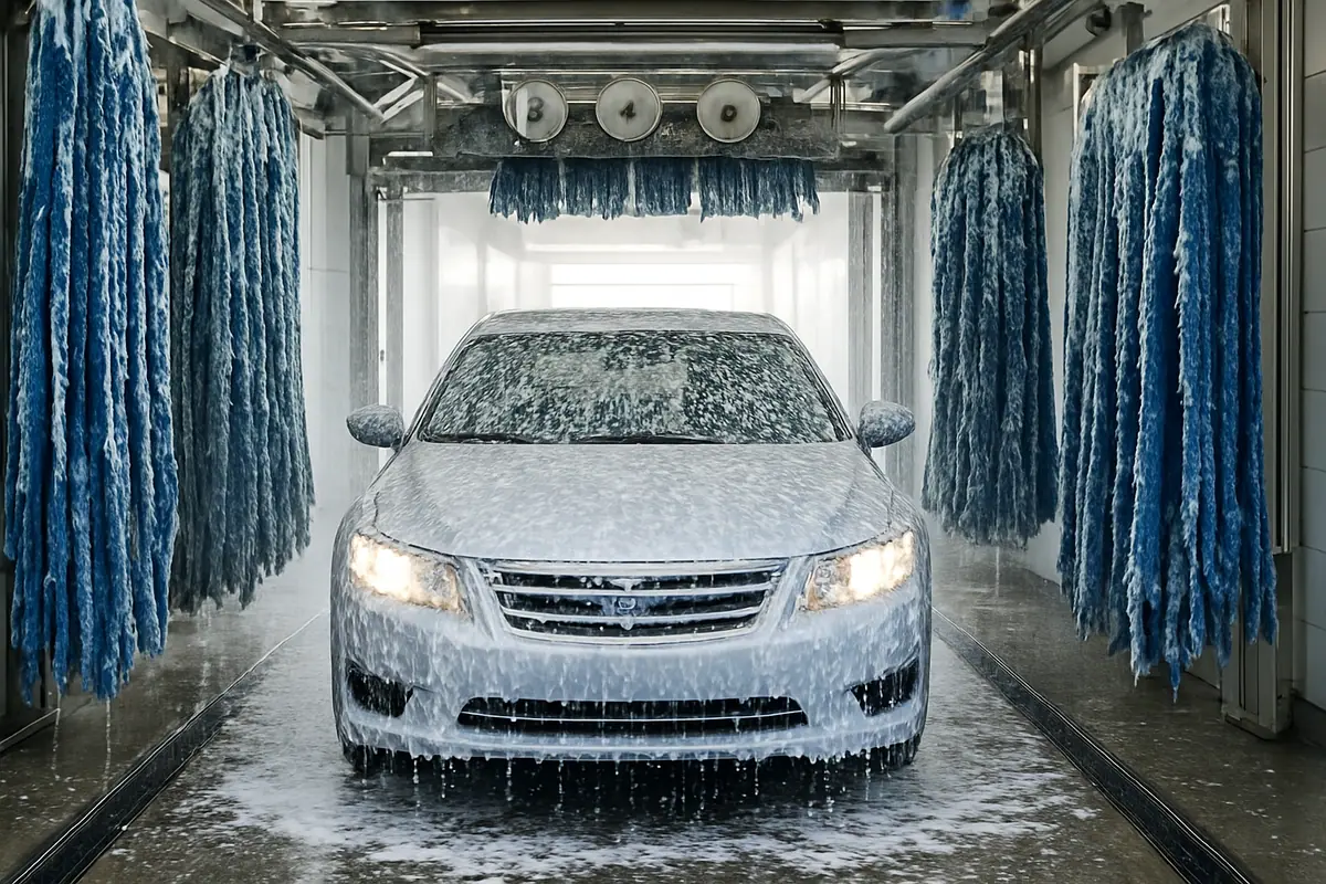 A car passing through an automatic car wash tunnel surrounded by foam and soft cloth strips.