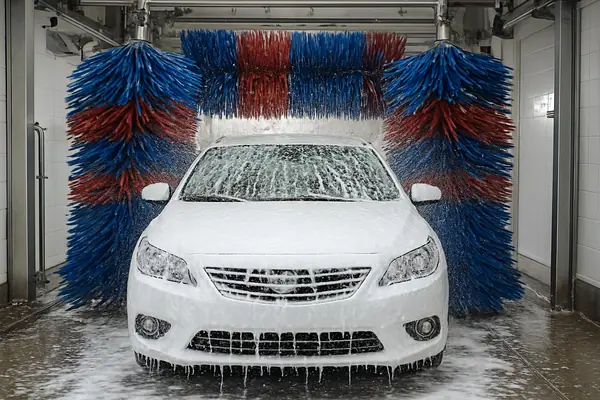 A car passing through a car wash tunnel covered in soap suds with brushes on both sides.