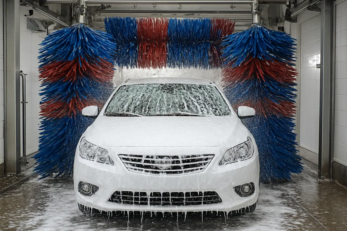 A car passing through a car wash tunnel covered in soap suds with brushes on both sides.
