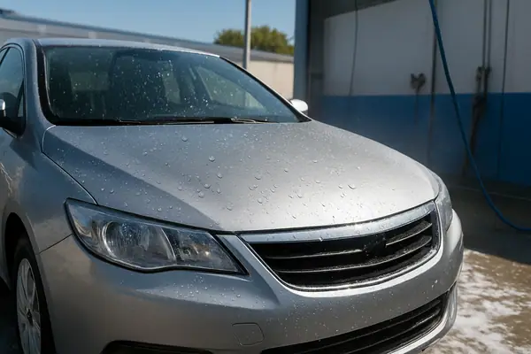 Close-up of a clean car hood with water droplets after a wash.