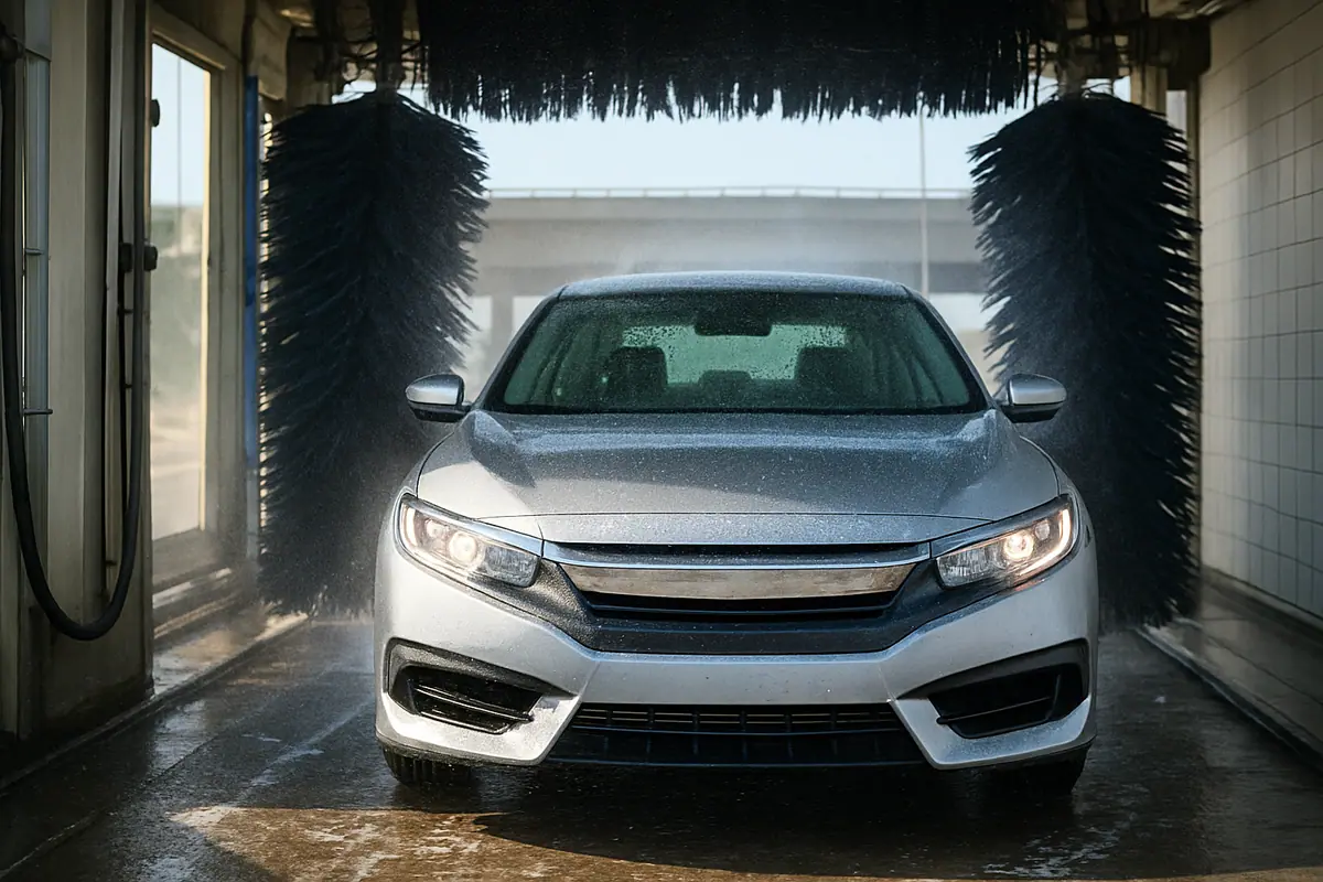 A freshly washed car with beaded water on its hood driving away from a car wash tunnel near a freeway overpass.