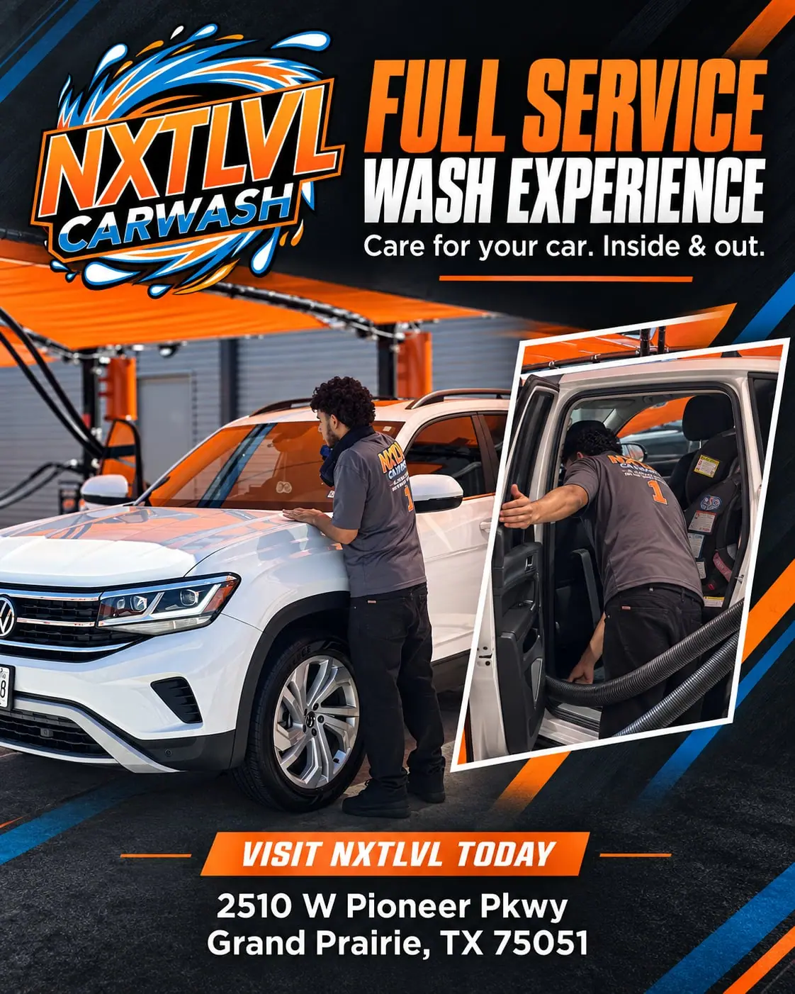 NXTLVL Car Wash ad with worker cleaning a white SUV, address in Grand Prairie, TX.