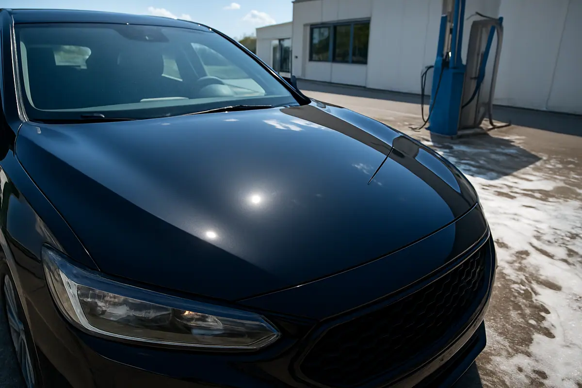 Close-up of a glossy car hood with a ceramic coating reflecting sunlight.