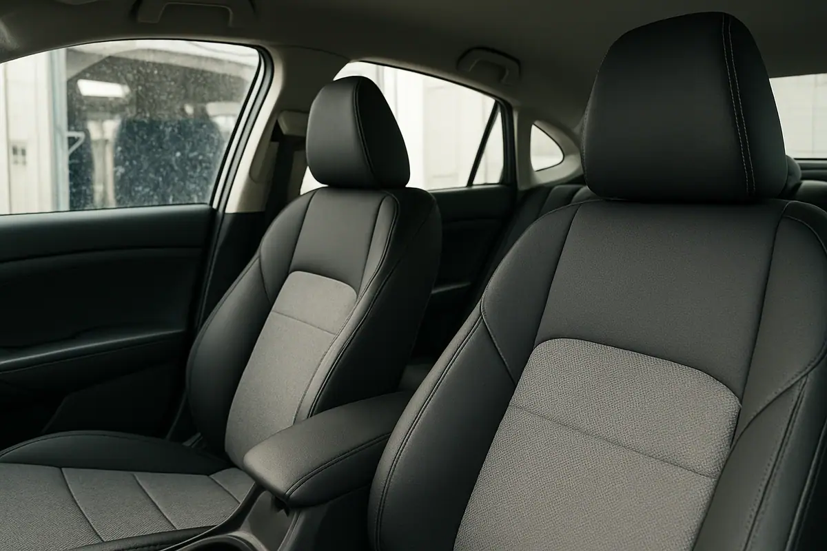 Close-up of clean leather and cloth car seats side by side inside a detailed vehicle interior.