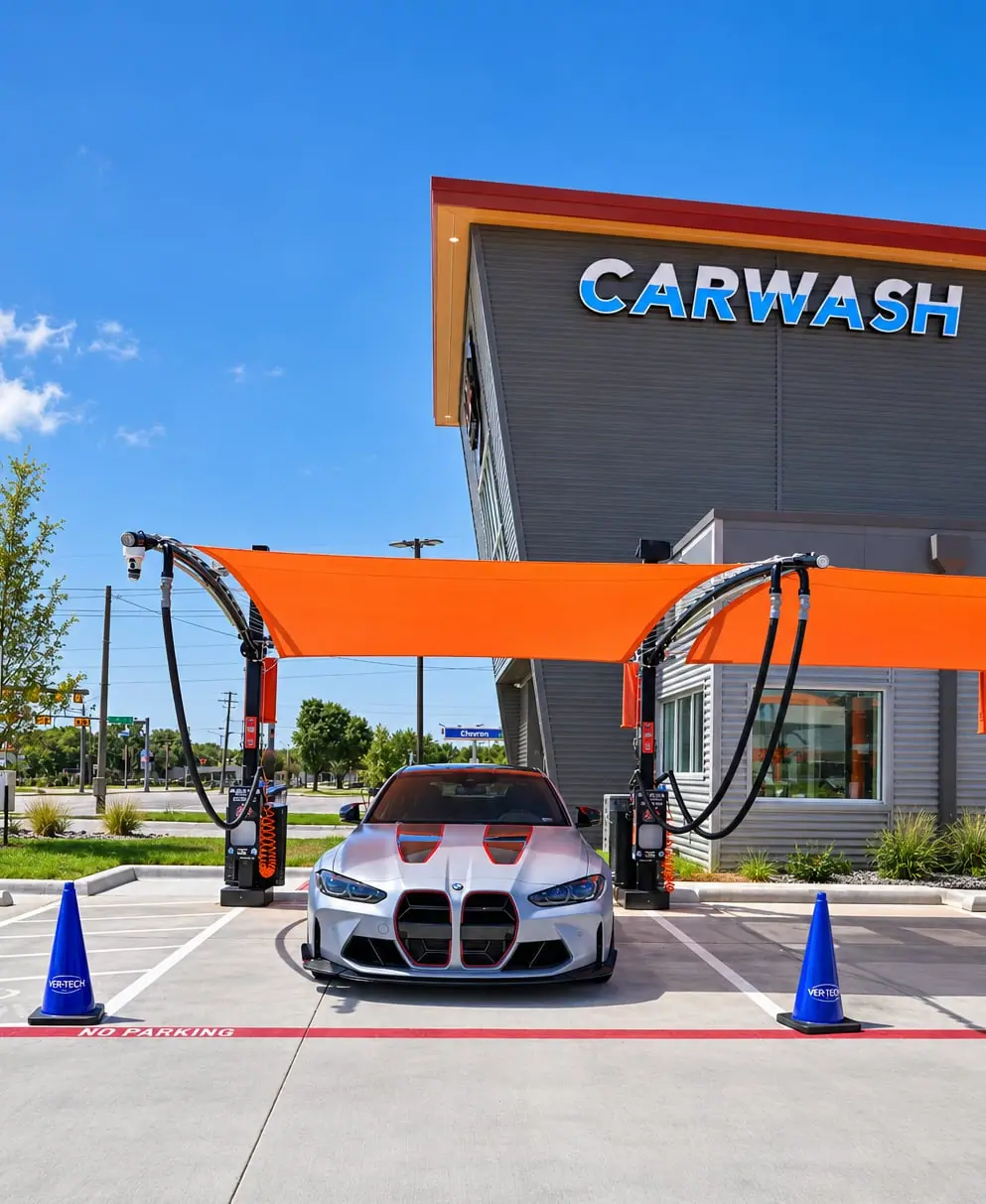 Silver sports car parked under orange canopy at carwash bay on a sunny day