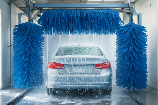 A car passing through an automatic car wash tunnel with foam brushes and water jets.