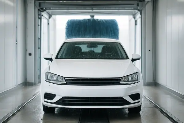 A shiny clean car driving out of a car wash tunnel with water droplets on its hood.