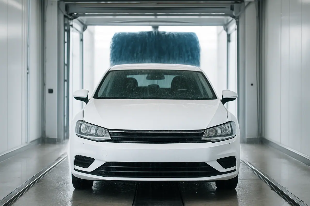 A shiny clean car driving out of a car wash tunnel with water droplets on its hood.