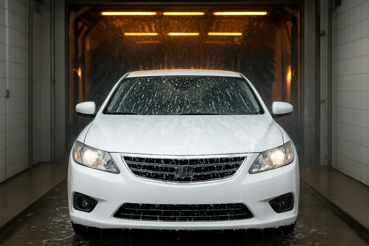 A car driving out of a car wash tunnel covered in soap suds with no people in view.