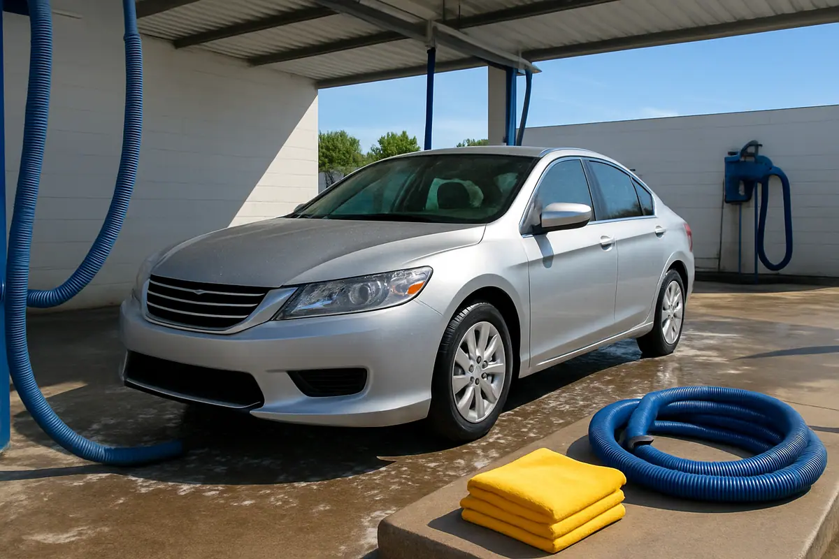 A freshly cleaned silver sedan in a full-service car wash drying area with vacuum hoses and towels nearby.