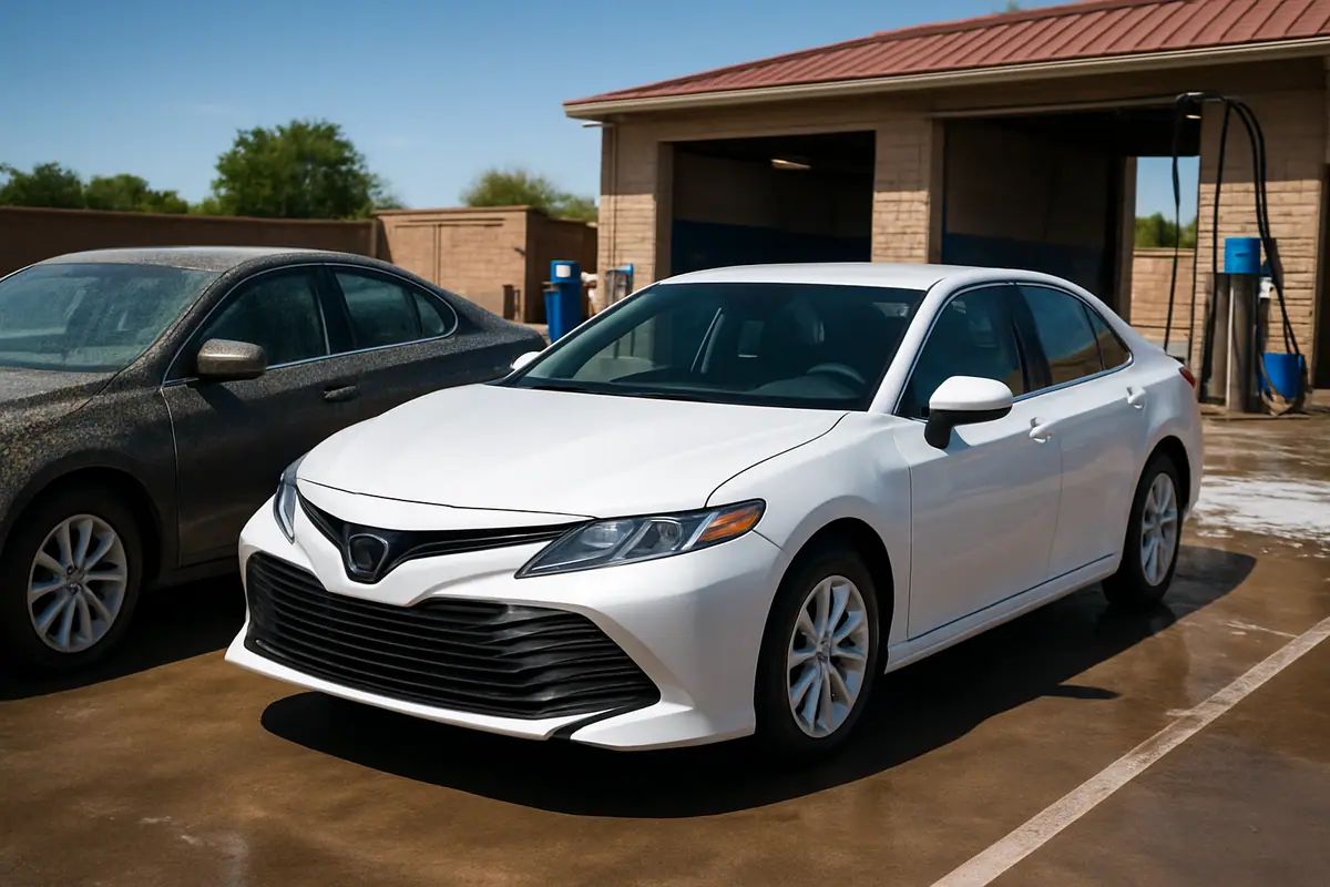 A clean car parked in sunlight next to a dusty, pollen-covered car in a Grand Prairie parking lot.