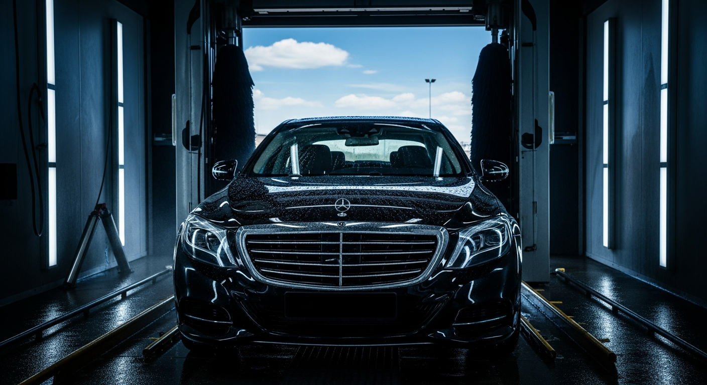 Gleaming clean car exiting NXTLVL Car Wash